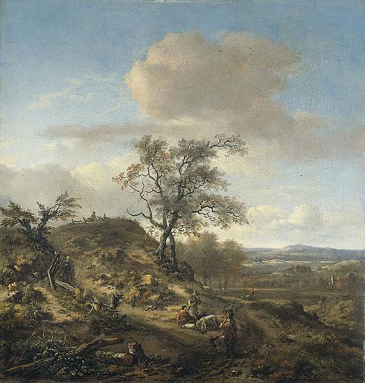 Jan Wijnants Landscape with a hunter and other figures.